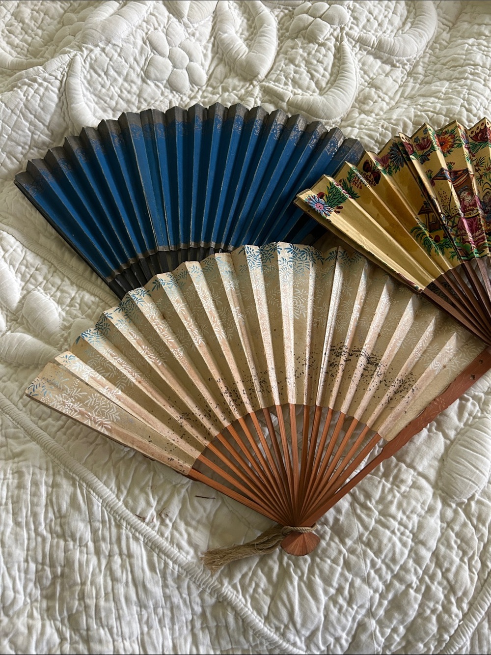 Set of 3 Vintage Decorative Folding Fans - Blue, Gold, Cream & Pattern
